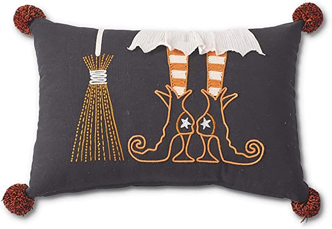 Black Rectangular Stitched Witch Boot and Broom Pillow