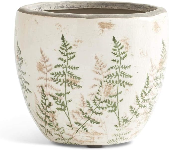 Small Cream Crackle Pot with Fern Stem