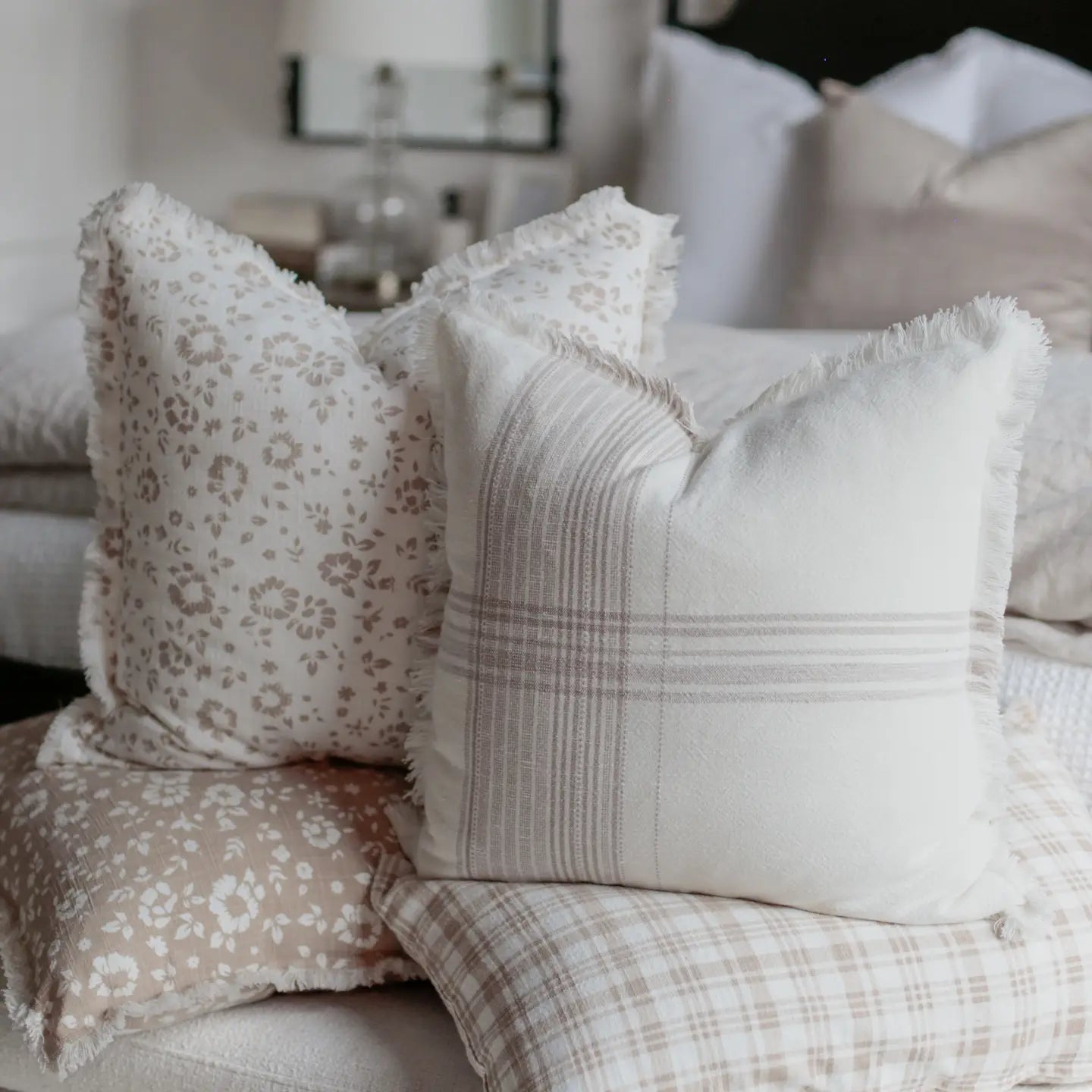 Floral Fringe Pillow White