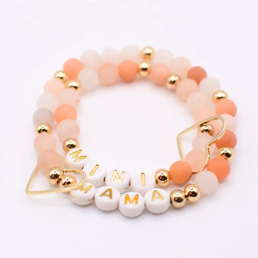 Mama Mini Matching Cream Stone Beaded Bracelet Jewelry Set