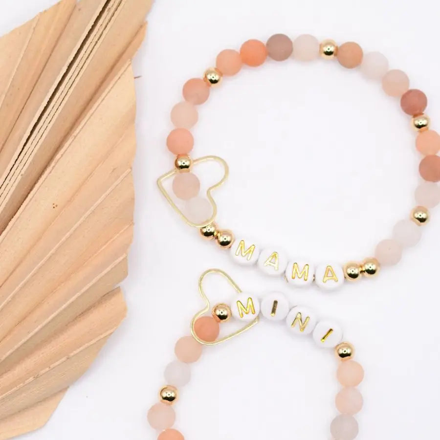 Mama Mini Matching Cream Stone Beaded Bracelet Jewelry Set