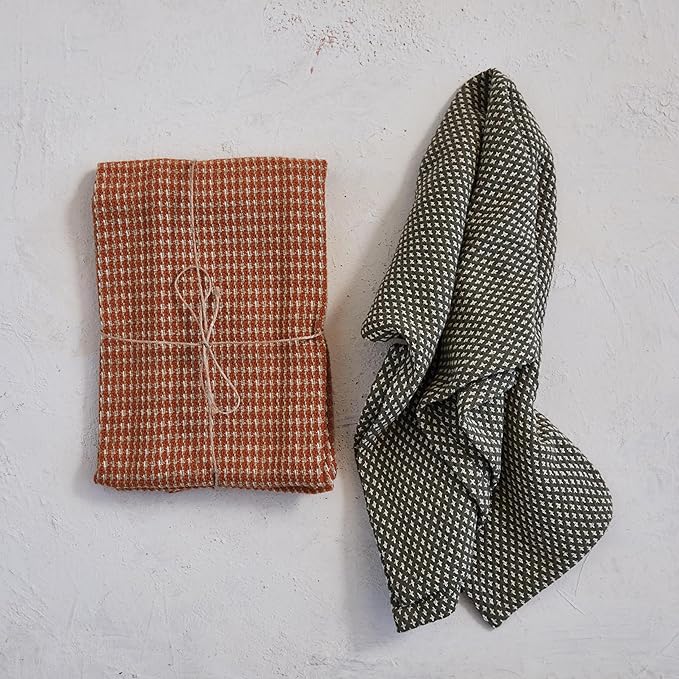 Woven Cotton Dobby Tea Towels- Orange/Charcoal Color