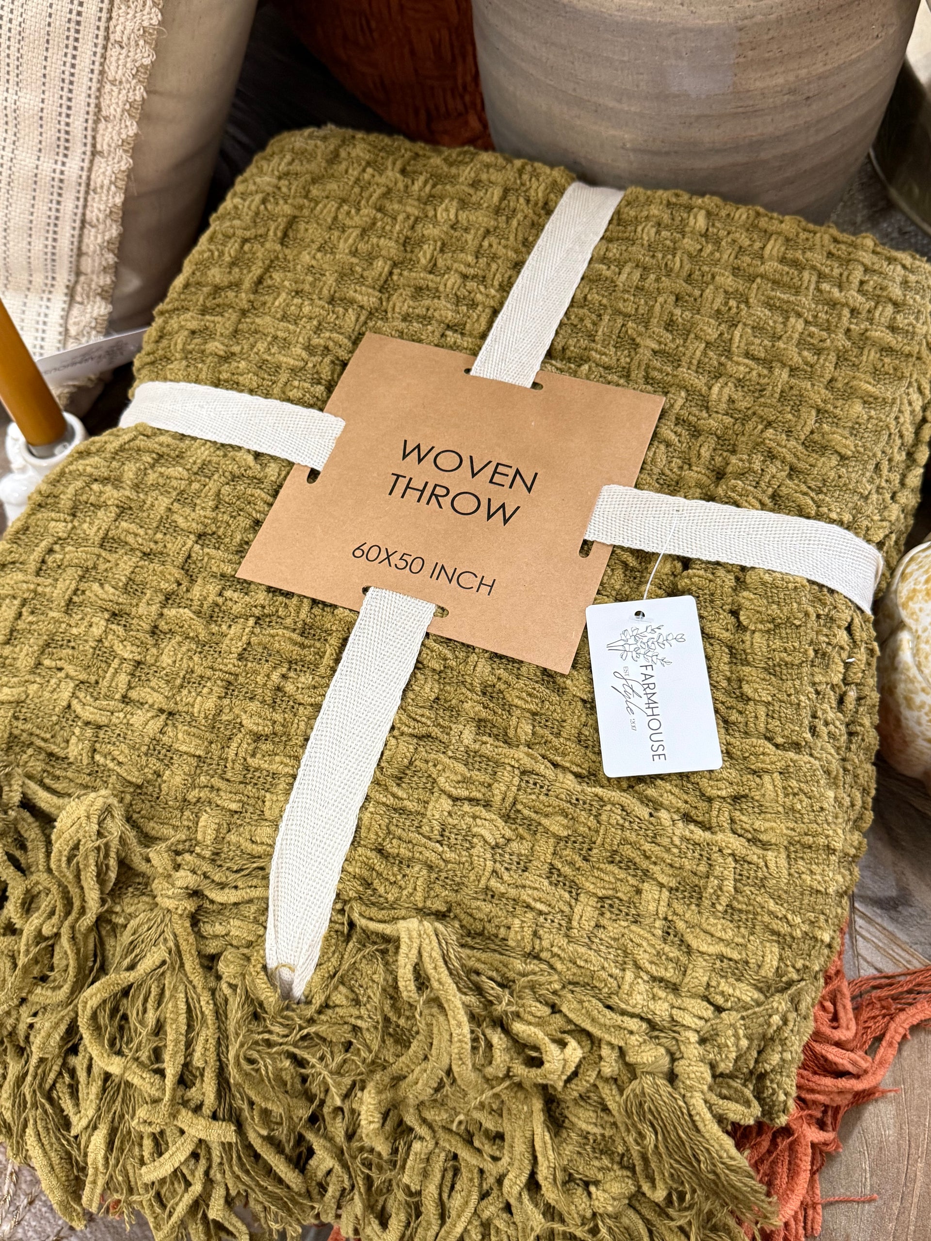 Woven Fabric Chenille Throw, Olive Green