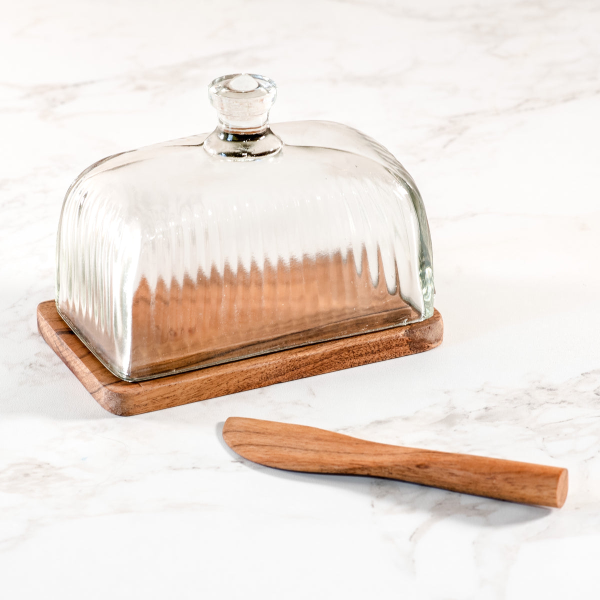 GLASS & WOOD BUTTER DISH W/WOOD/KNIFE
