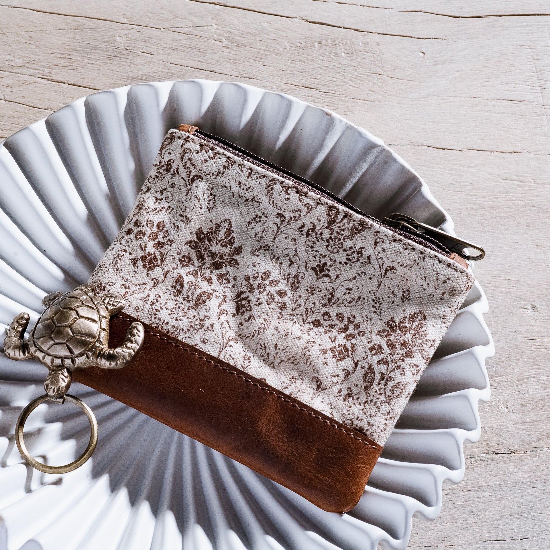 5" Brown Fleur Canvas Zip Pouch