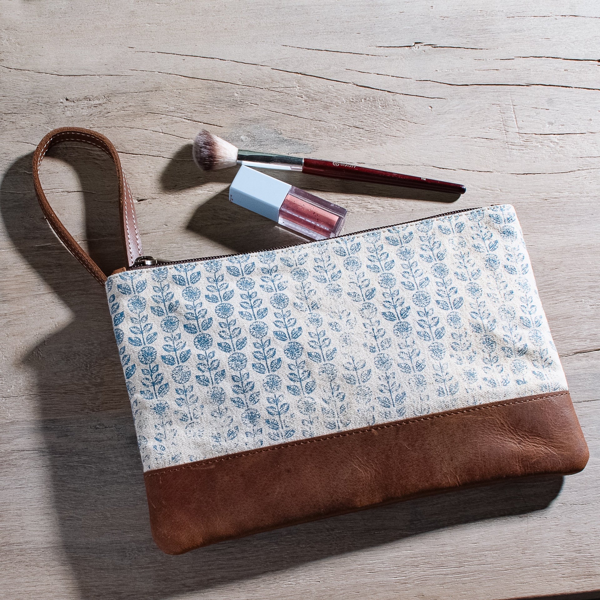 10" Blue Floral Canvas Zip Pouch