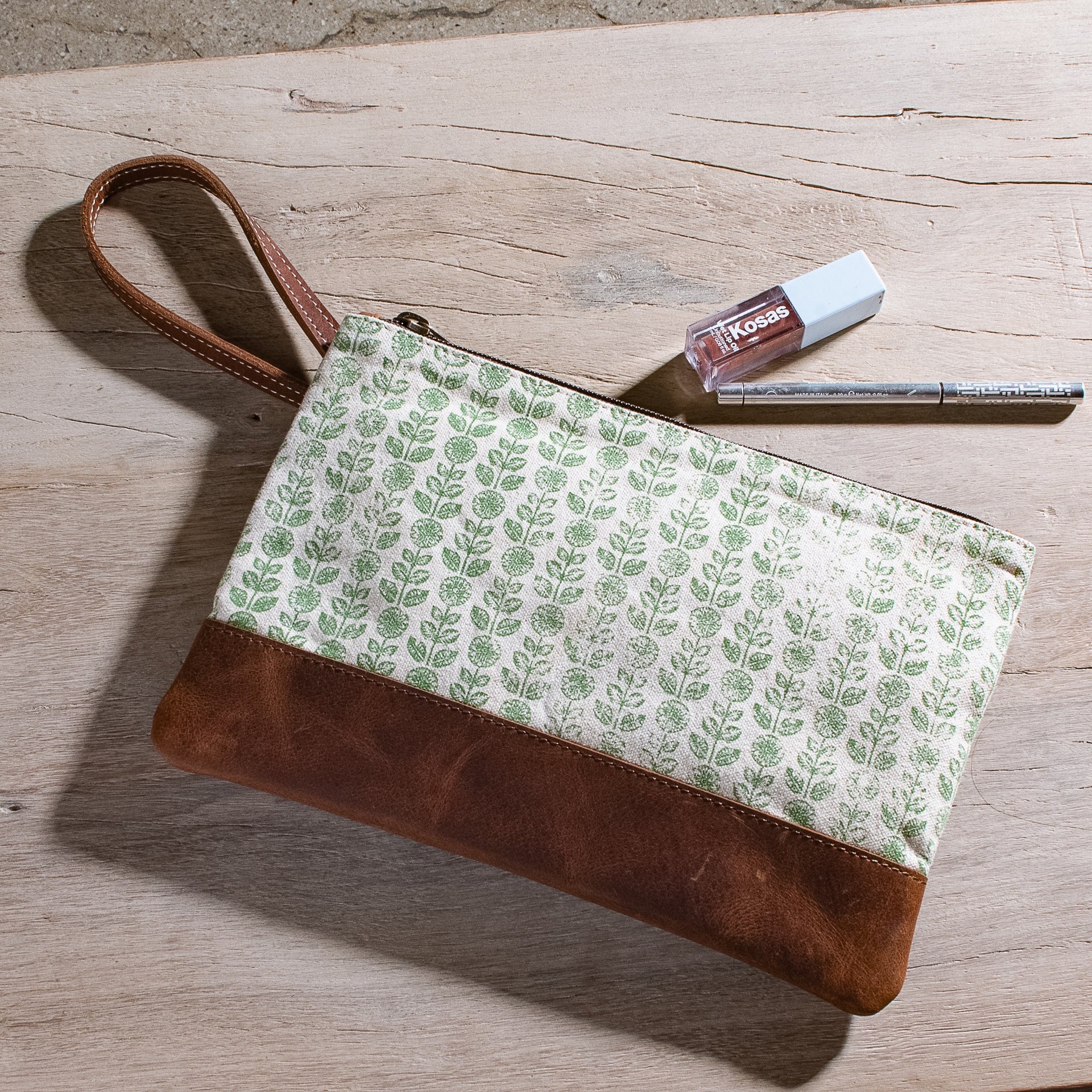10" Green  Floral Canvas Zip Pouch