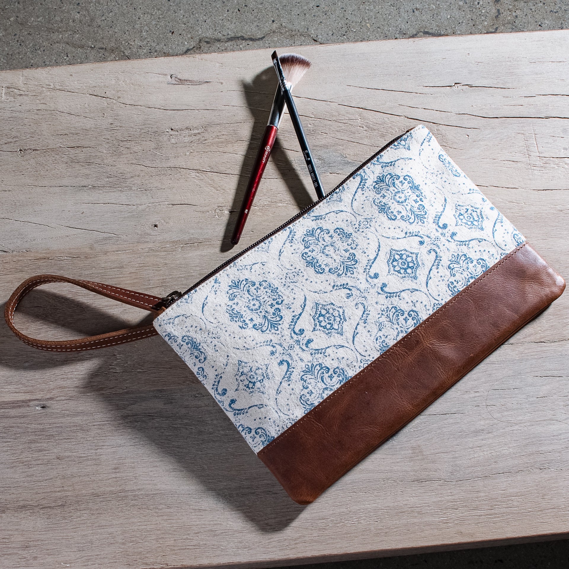 10" Blue Fleur Canvas Zip Pouch