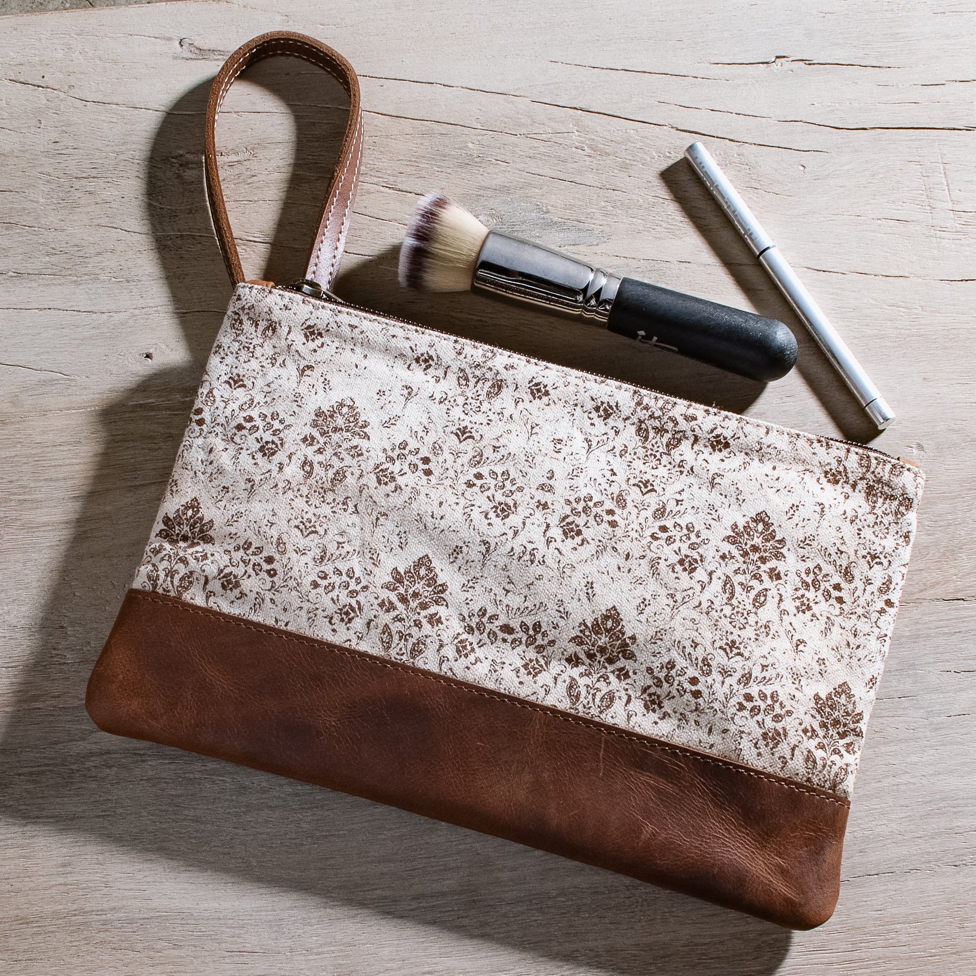 10" Brown Fleur Canvas Zip Pouch