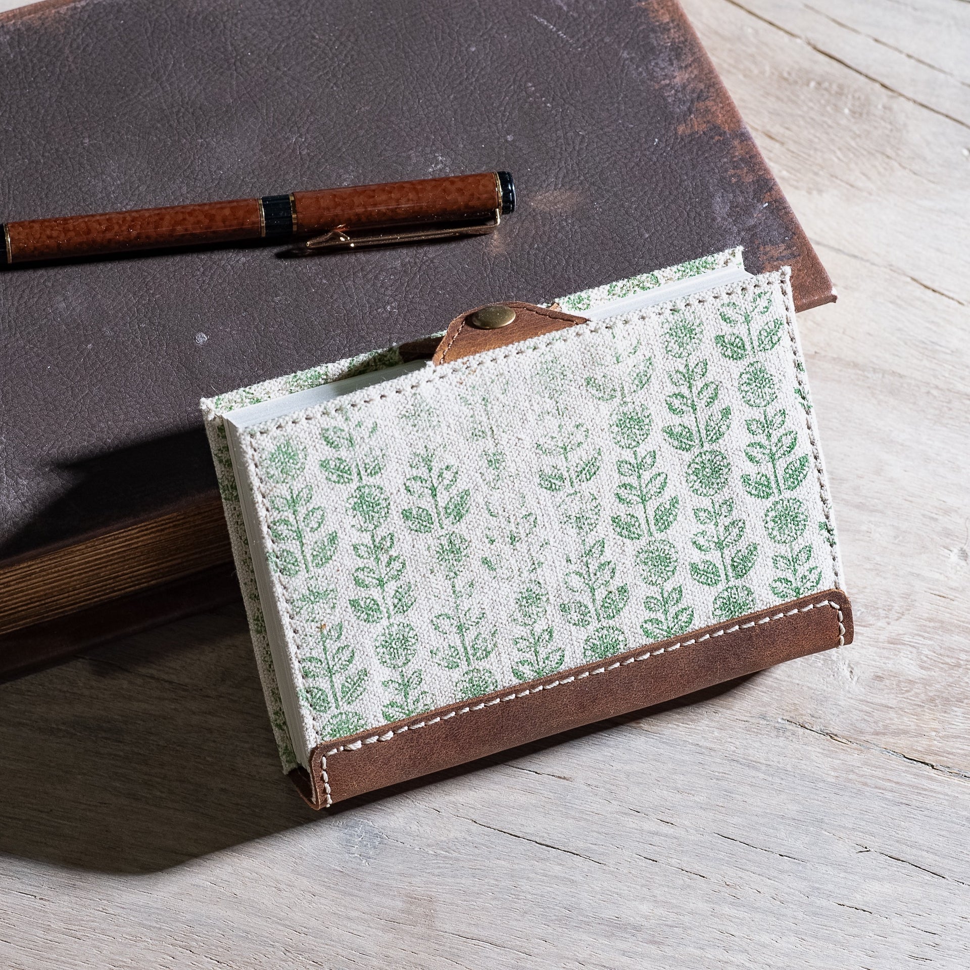 Green Floral Canvas Leather Journal