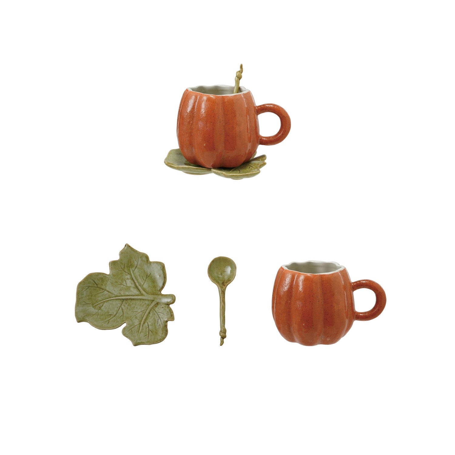 Stoneware Pumpkin Shaped Mug w/Saucer & Spoon, Set of 3