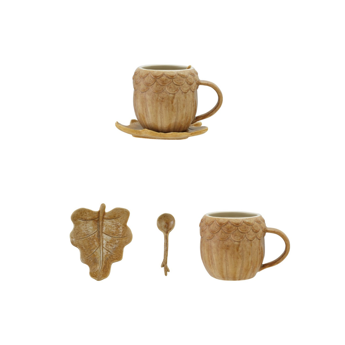 Stoneware Acorn Shaped Mug w/Saucer & Spoon, Set of 3