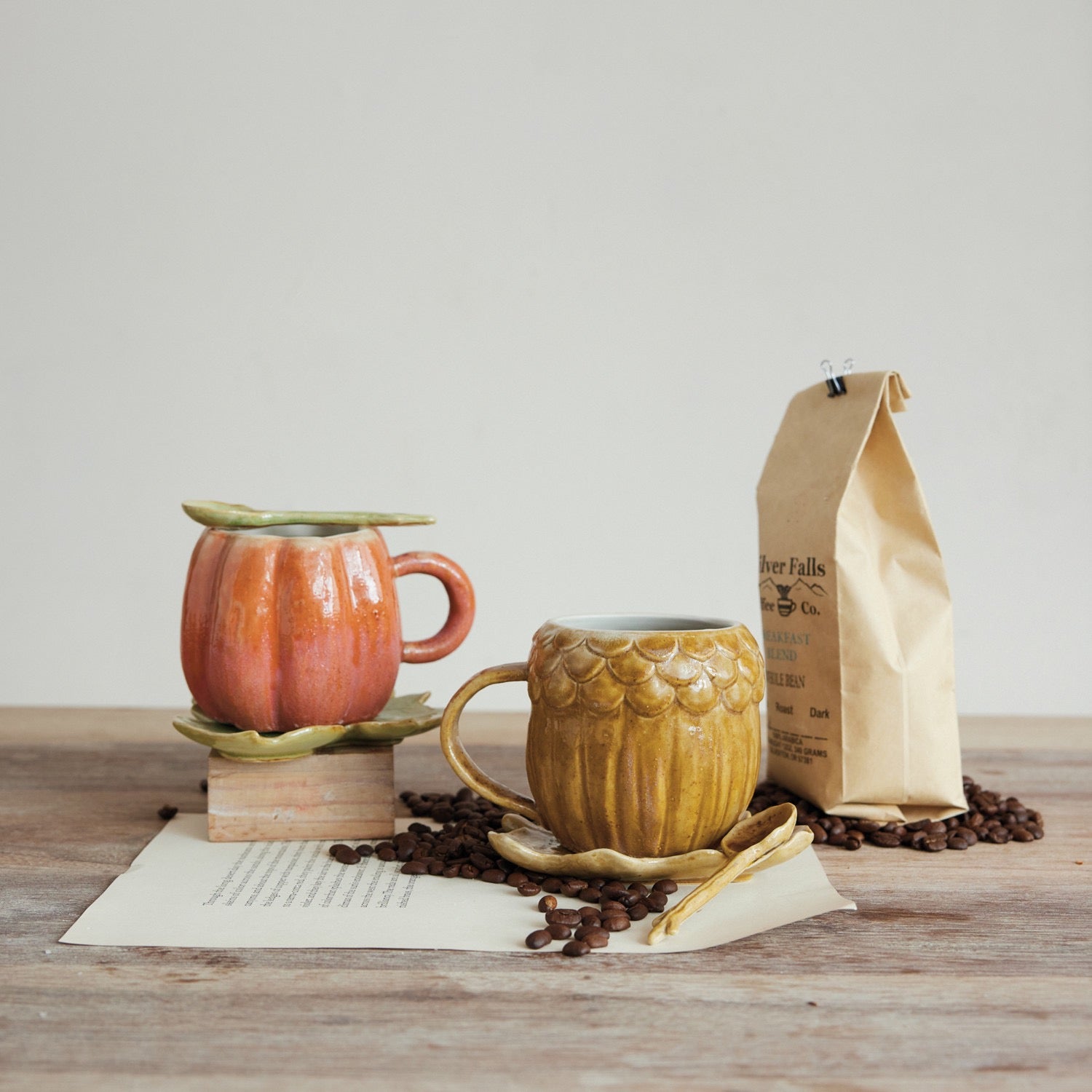 Stoneware Pumpkin Shaped Mug w/Saucer & Spoon, Set of 3