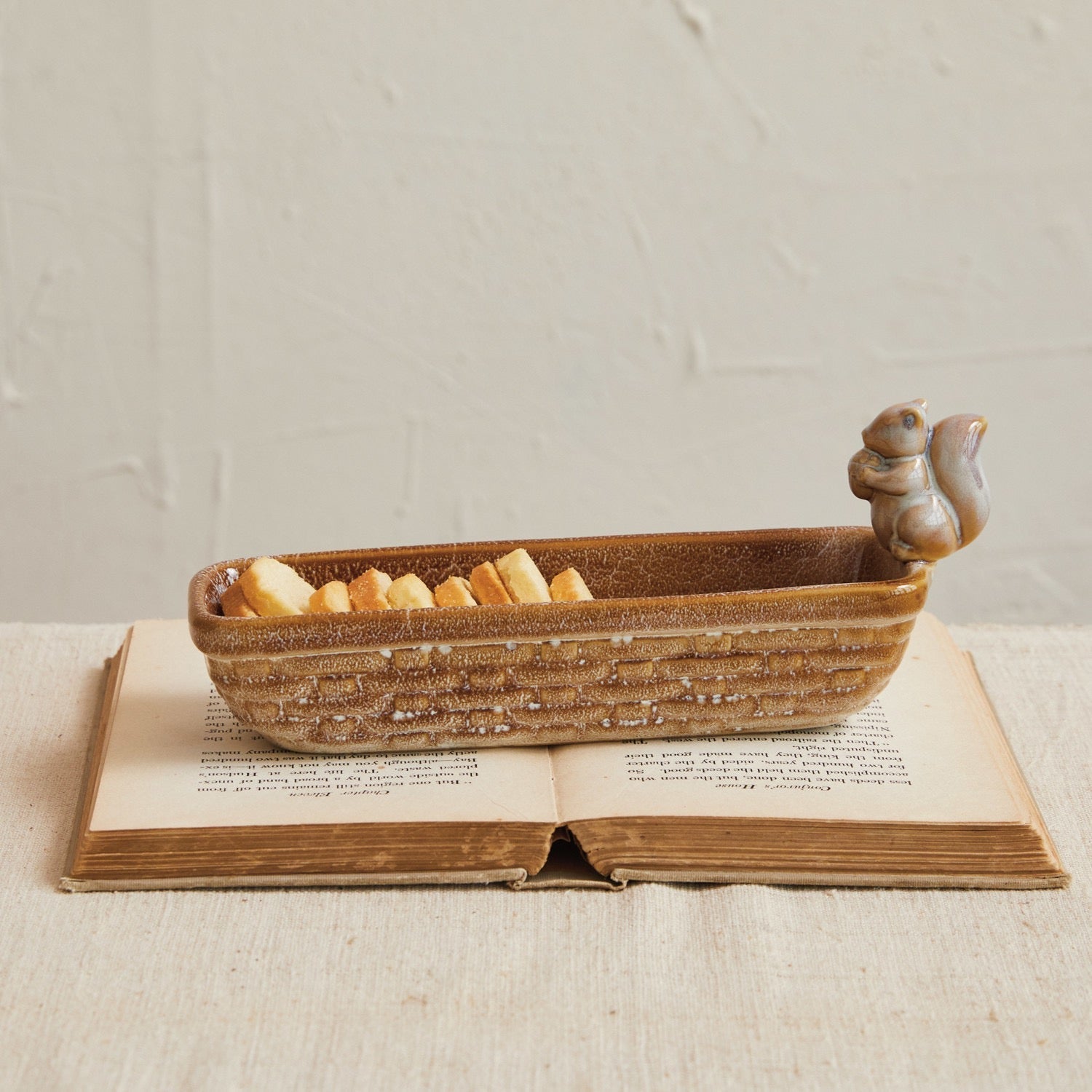 Stoneware Dish with Debossed Pattern & Squirrel Holding Acorn