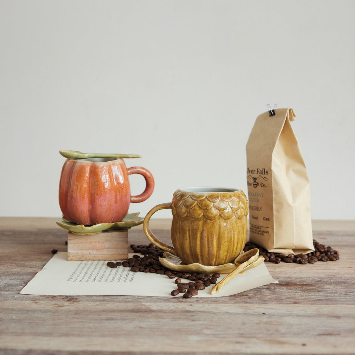 Stoneware Acorn Shaped Mug w/Saucer & Spoon, Set of 3