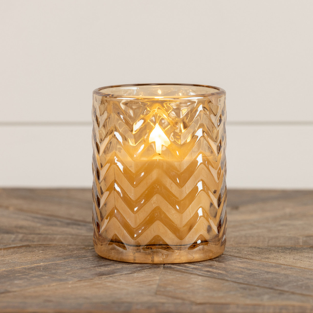 5 Inch Champagne Chevron Glass 3D Flame Candle