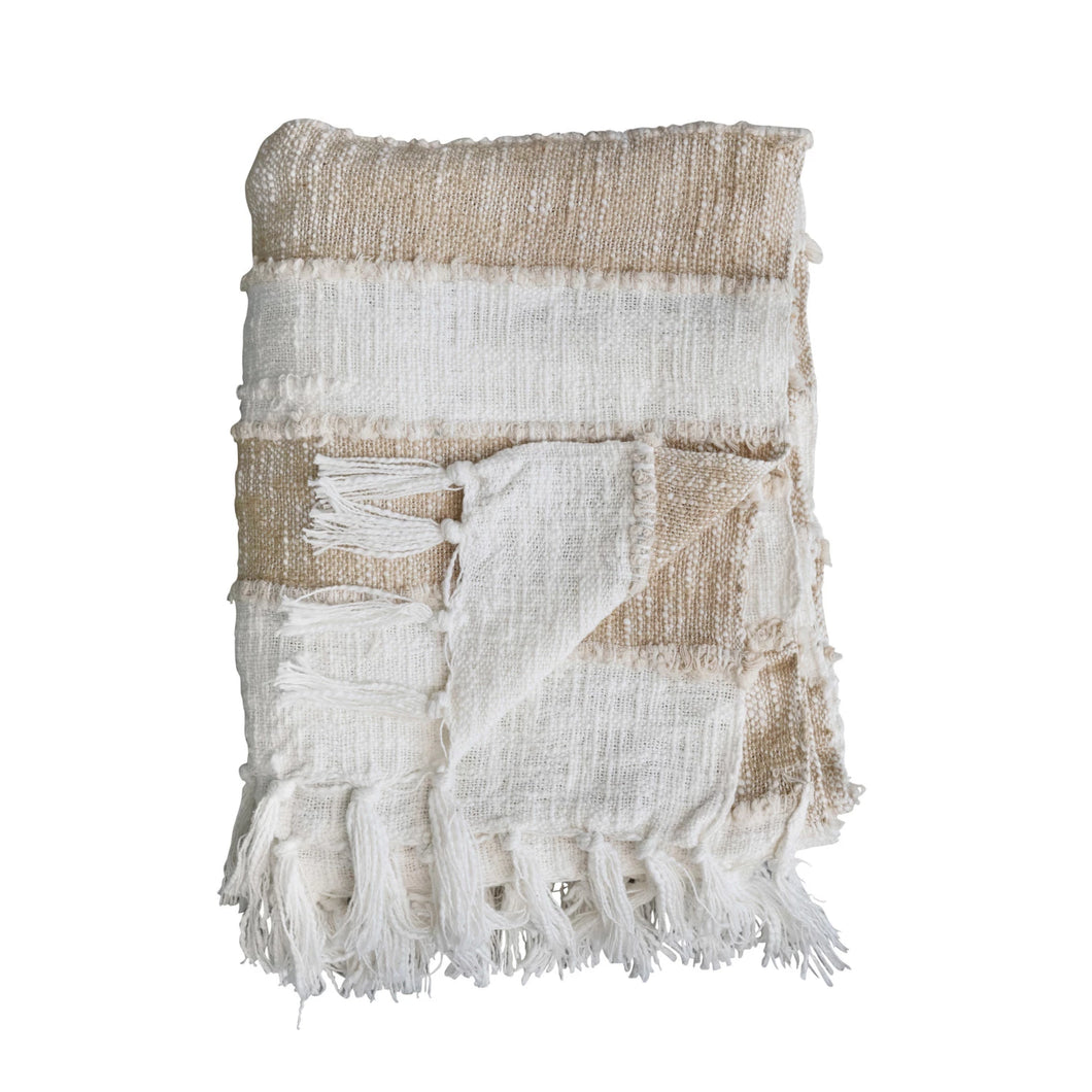 Woven Cotton Throw with Stripes & Fringe