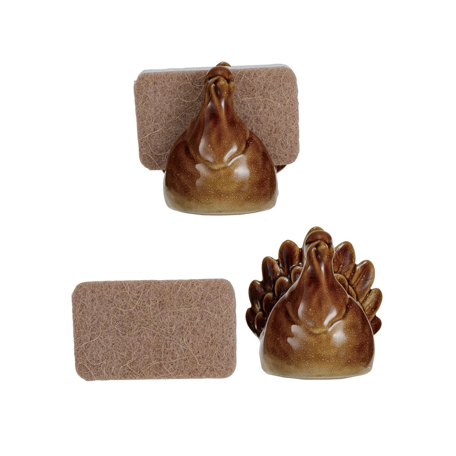 Stoneware Turkey Shaped Sponge Holder with Sponge