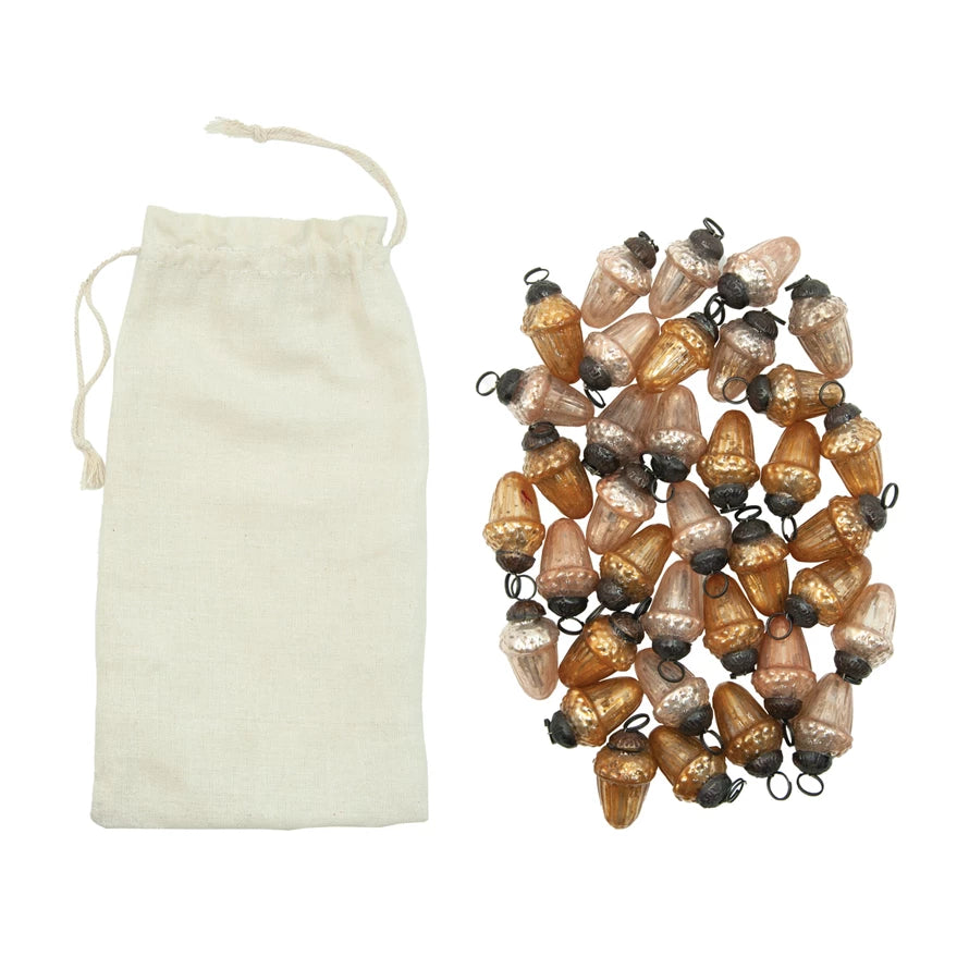 Mercury Glass Acorn Shaped Ornaments in Muslin Bag