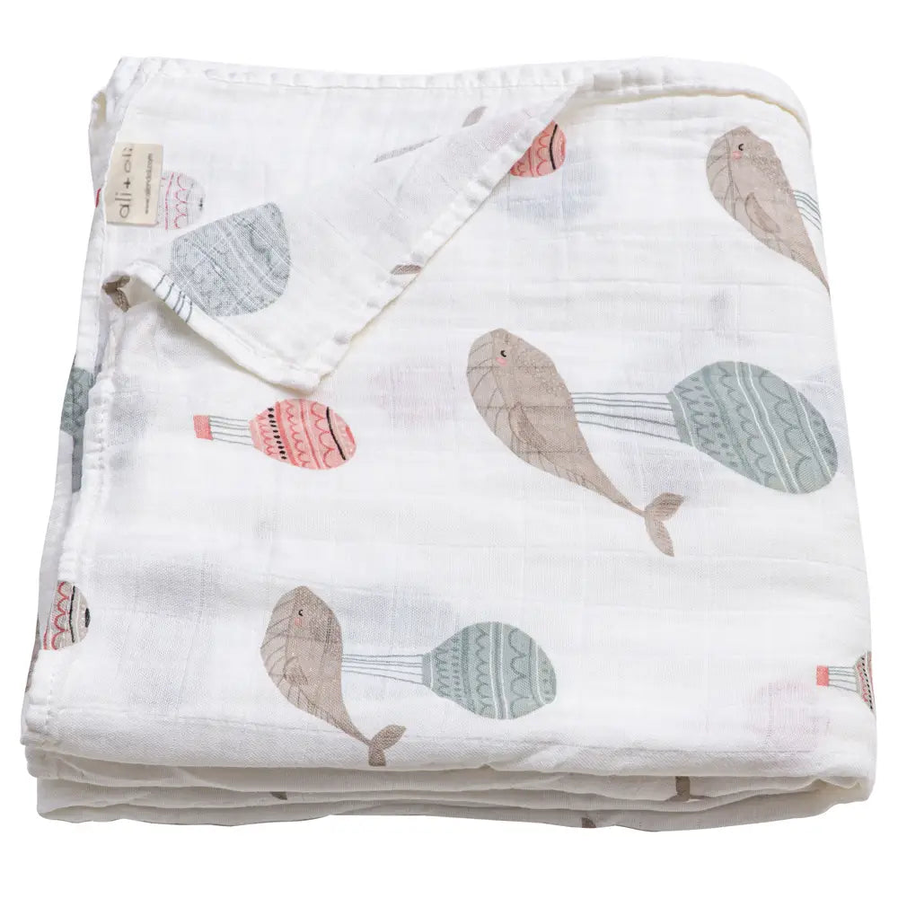 Whale Bamboo Muslin Swaddle Blanket