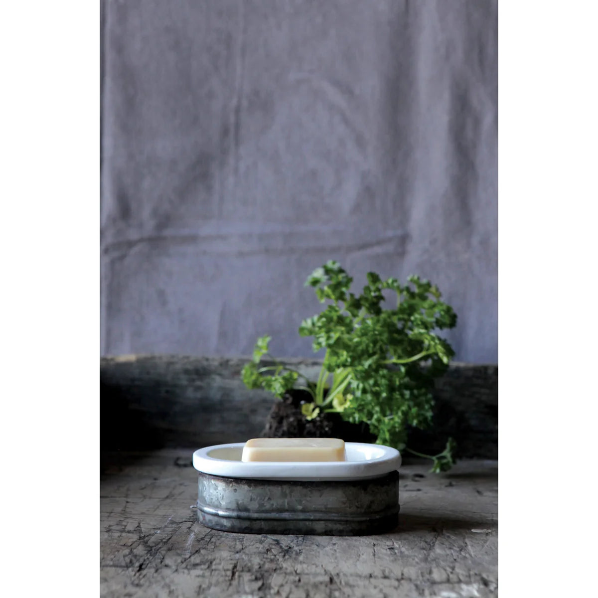 Galvanized Metal and Stoneware Soap Dish