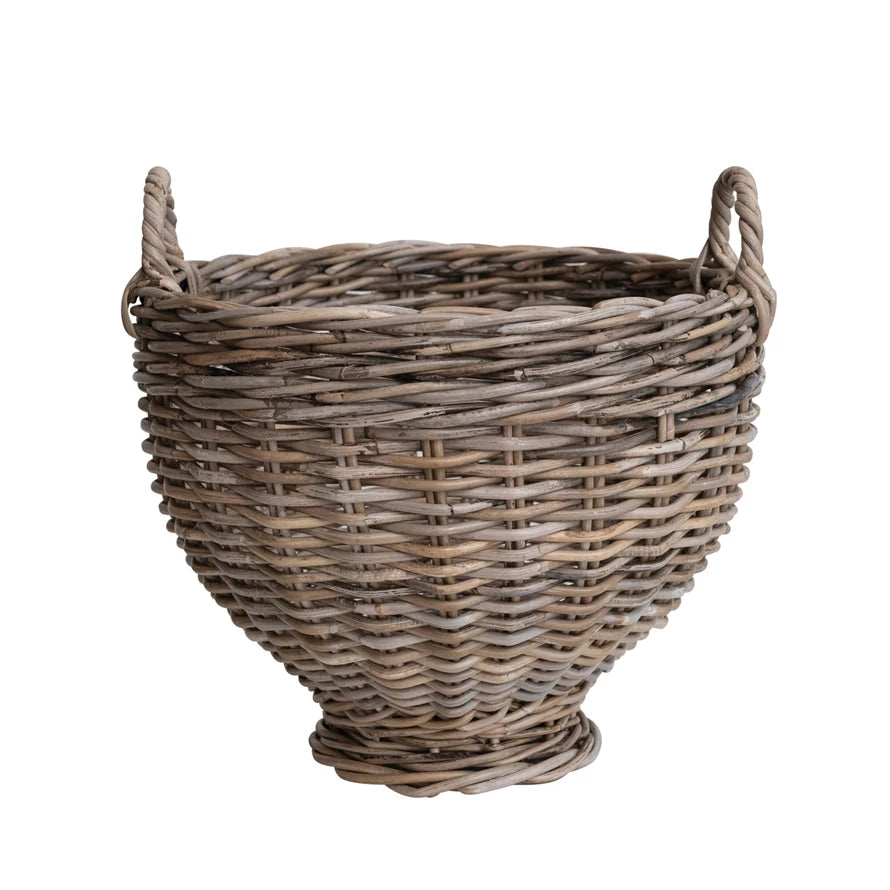Natural Hand-Woven Rattan Footed Basket with Handles