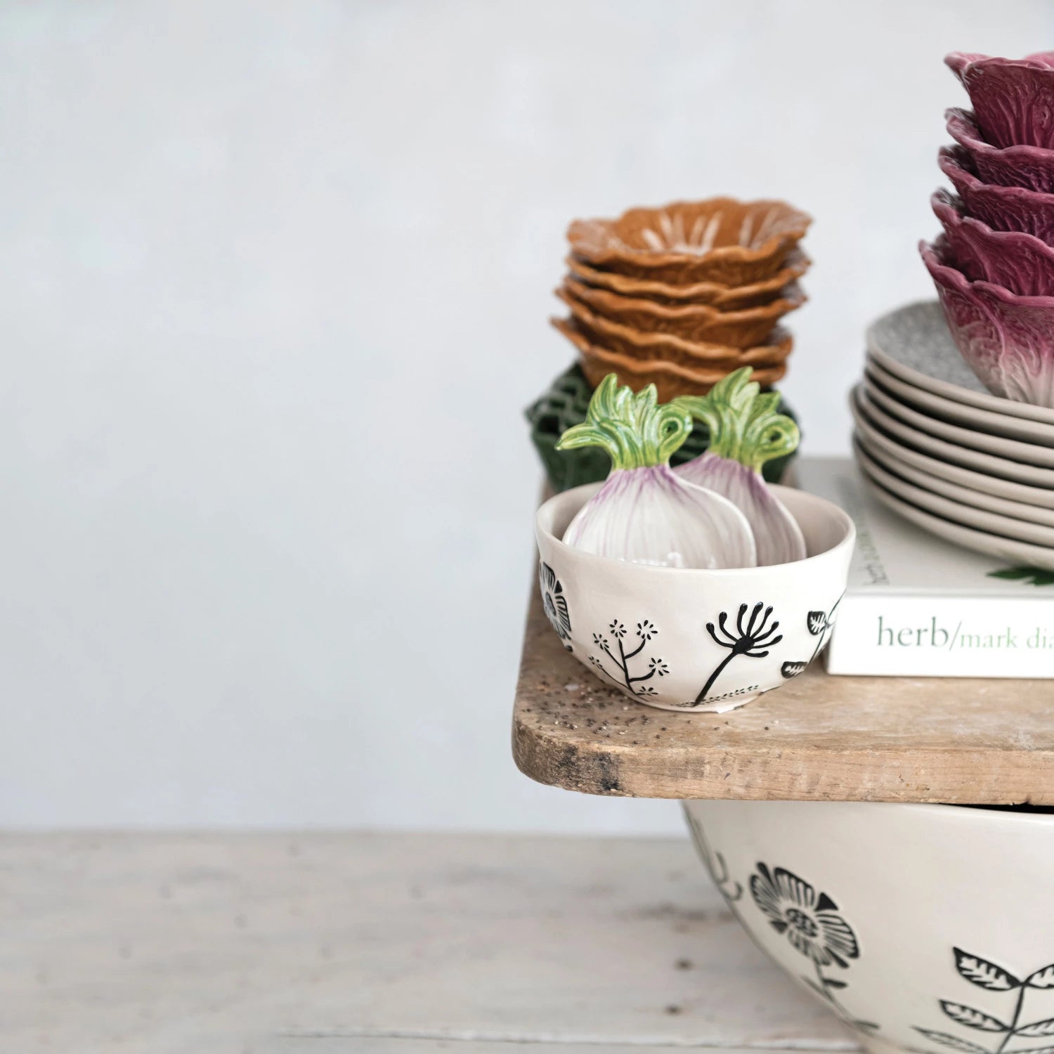 Hand-Painted Stoneware Bowl with Embossed Flowers