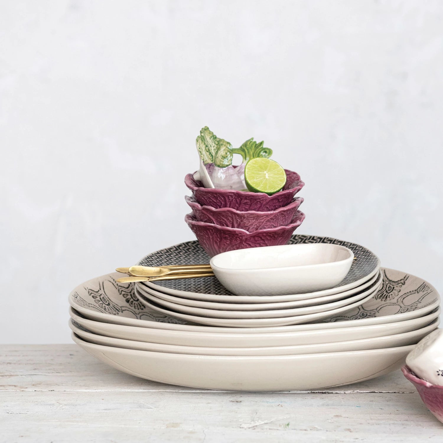 Hand-Painted Stoneware Dish with Embossed Flowers