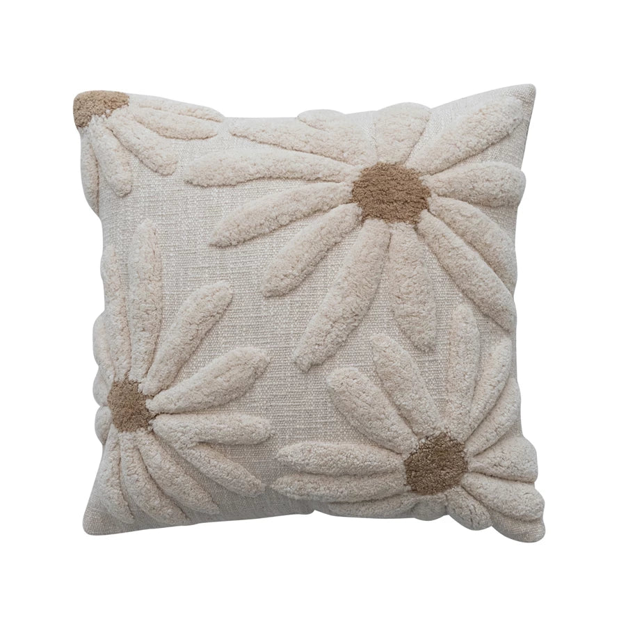 Square Cotton Slub Pillow with Tufted Flowers