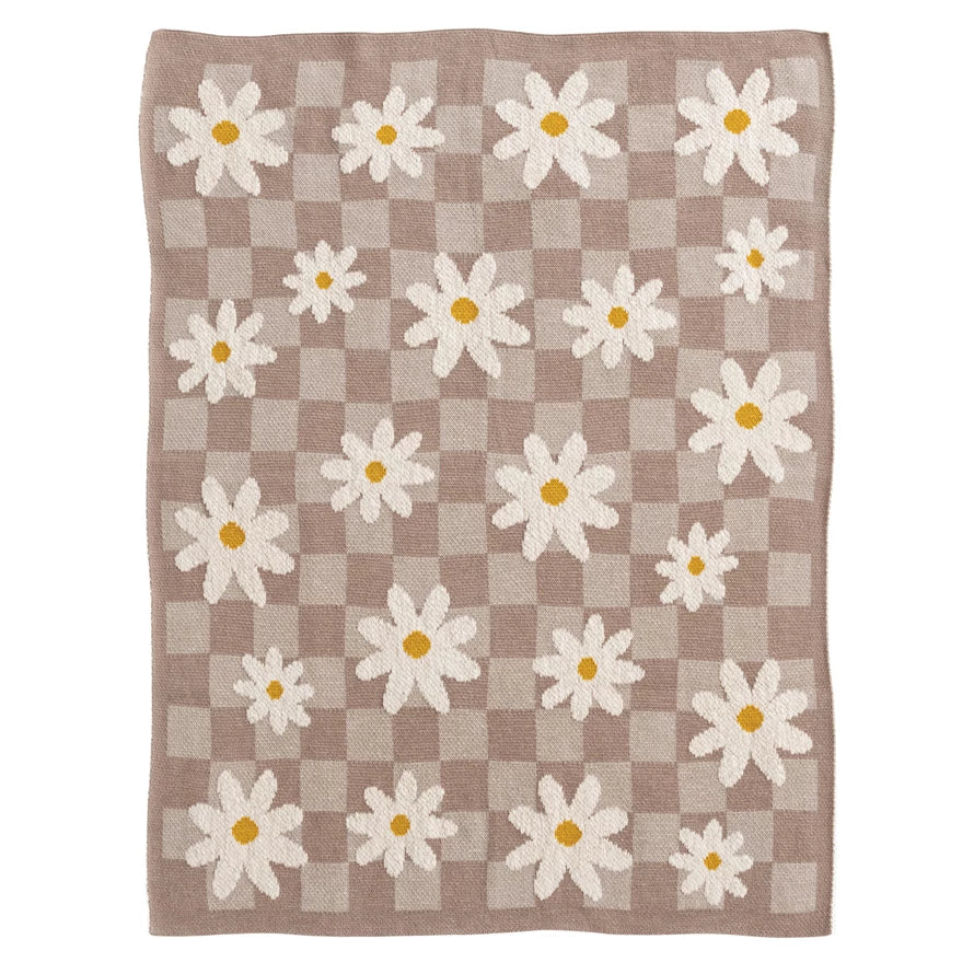 Cotton Knit Baby Blanket with Daisies & Check Pattern