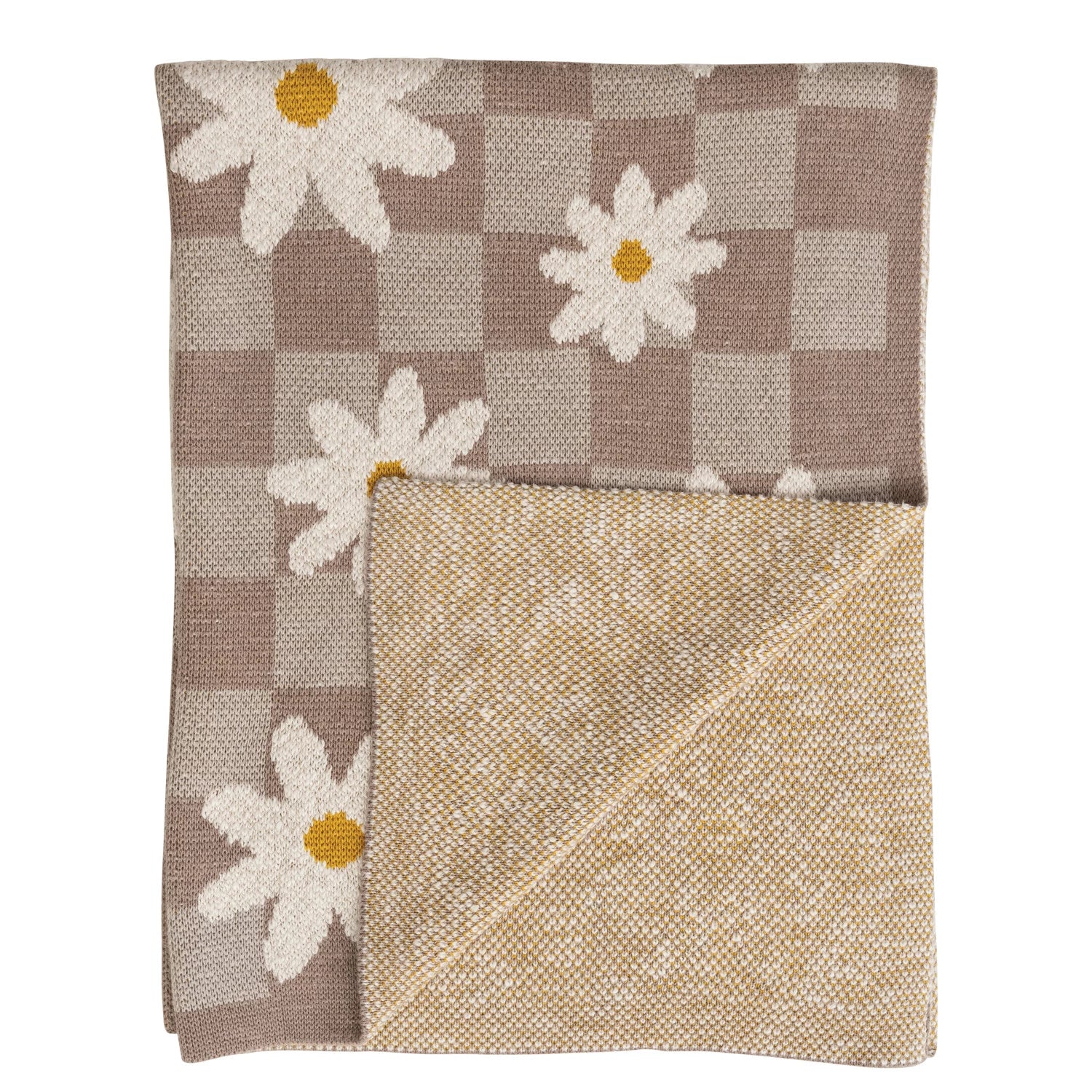 Cotton Knit Baby Blanket with Daisies & Check Pattern