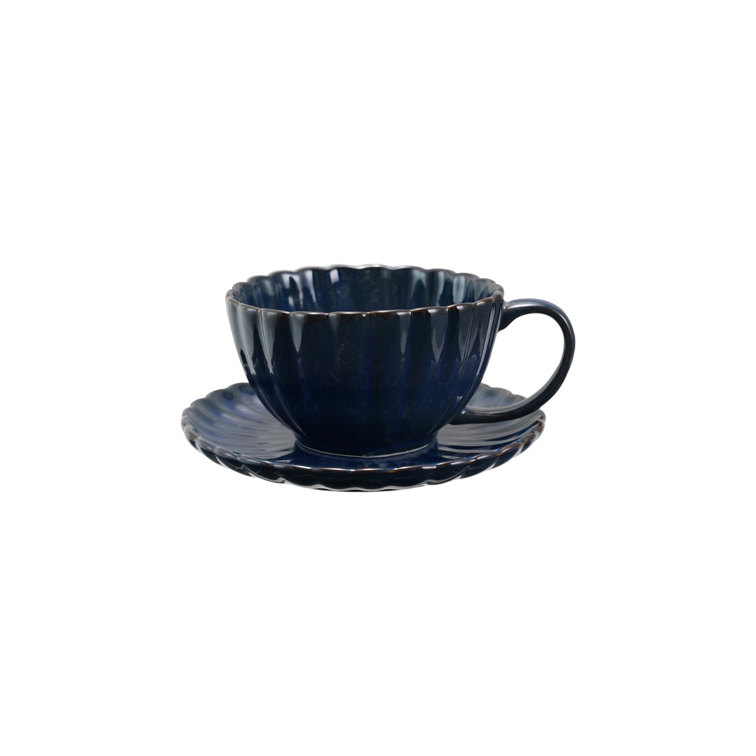 Stoneware Ribbed Blue Mug with Saucer