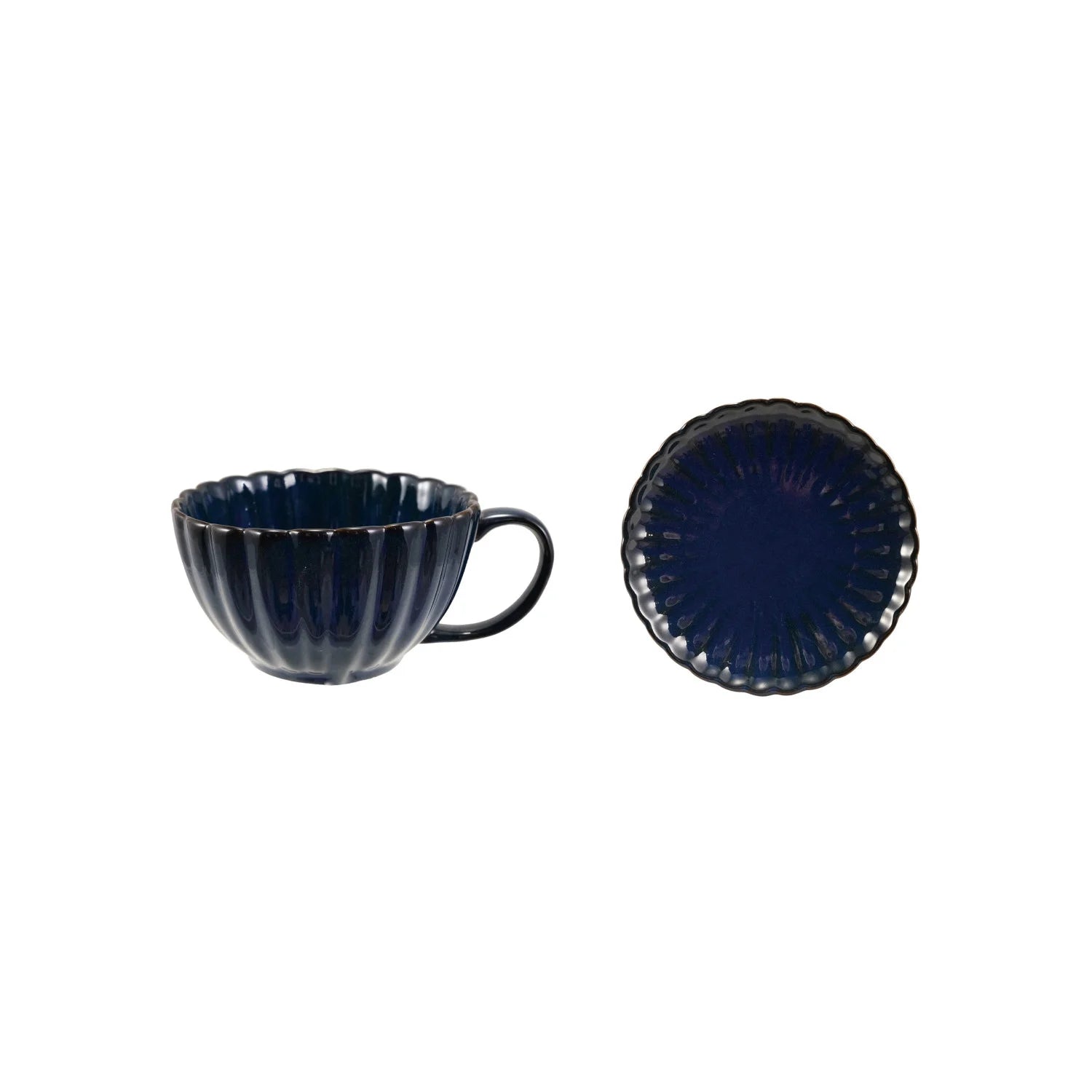Stoneware Ribbed Blue Mug with Saucer