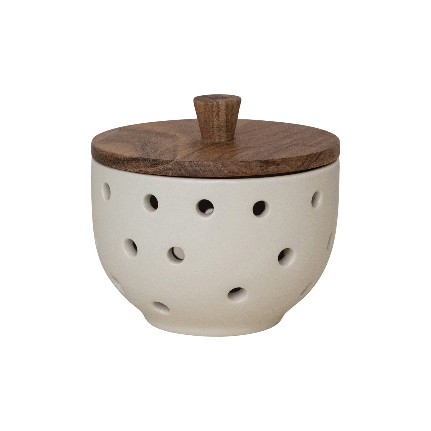 Stoneware Garlic/Onion Keeper with Mango Wood Lid