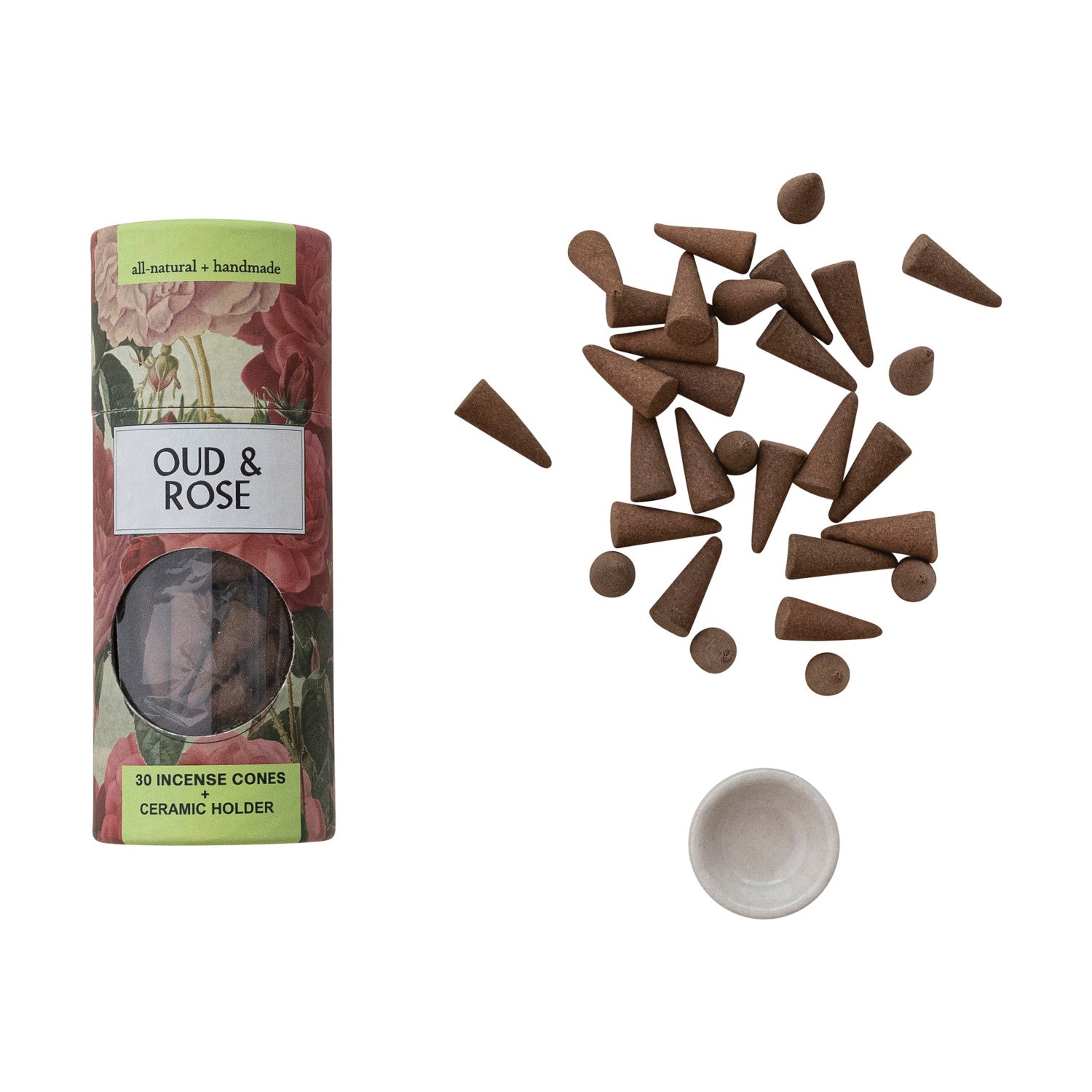 30 Piece All Natural Handmade Oud & Rose Scented Incense Cones with Incense Holder