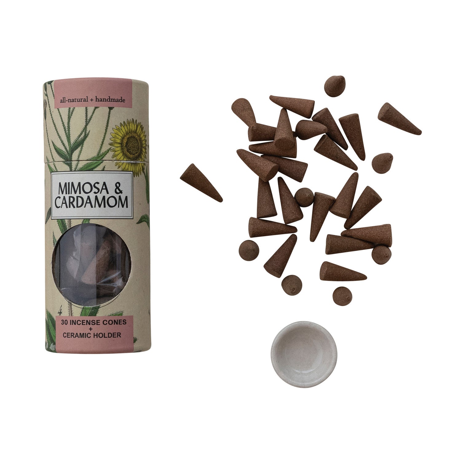 30 Piece Mimosa & Cardamom Scented Incense Cones with Ceramic Incense Holder