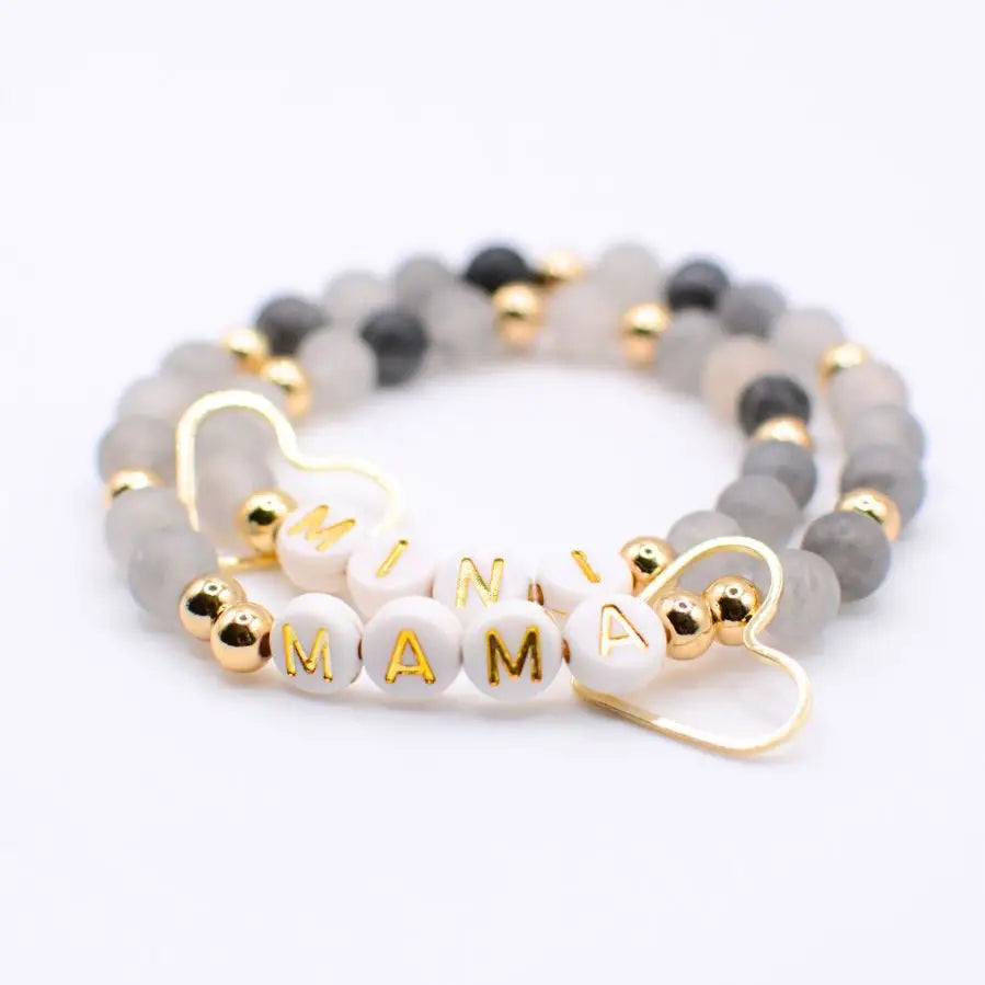 Mama Mini Matching Black Gold Beaded Bracelet Jewelry Set