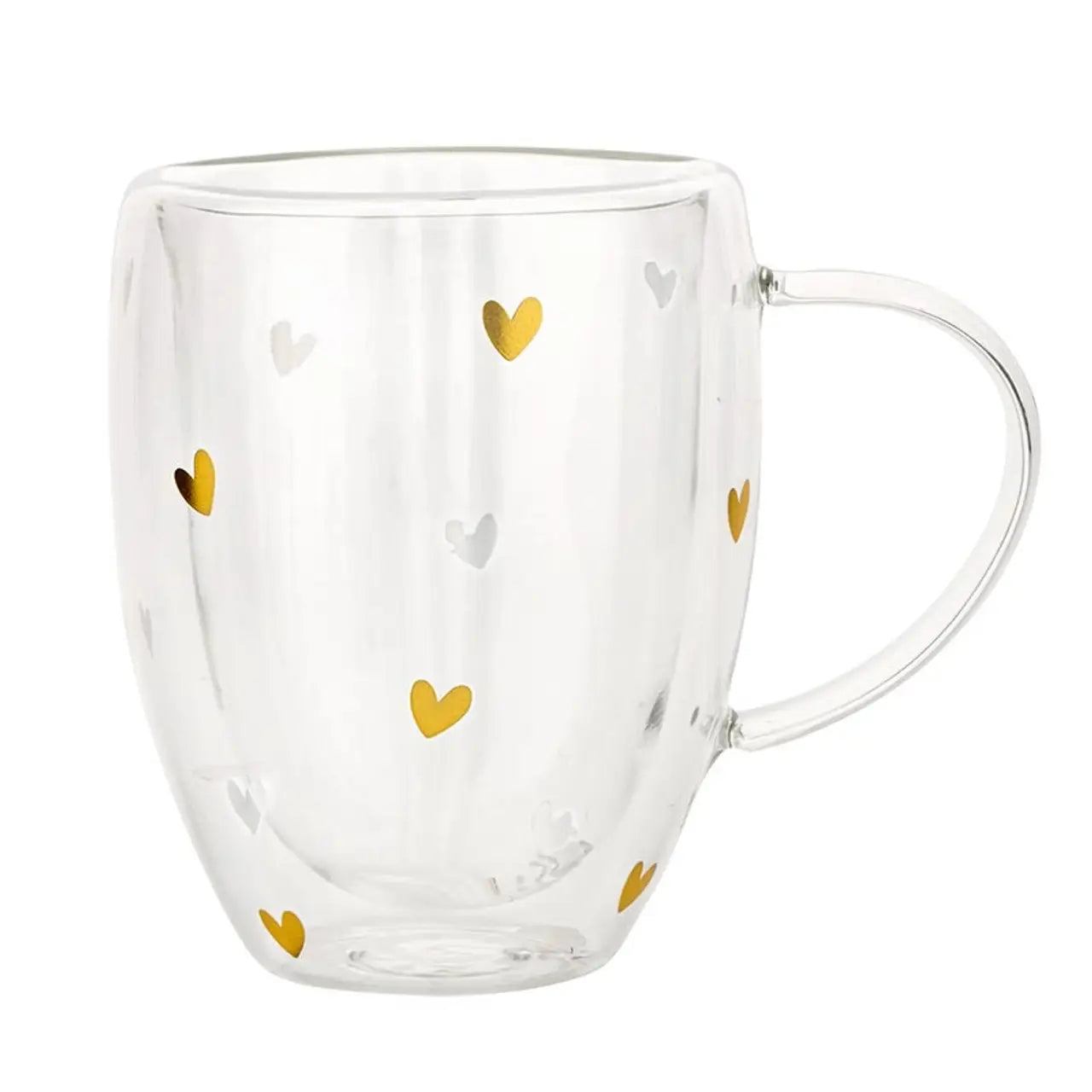 Double-Wall Tea Cup with Handle - Gold Foil Hearts