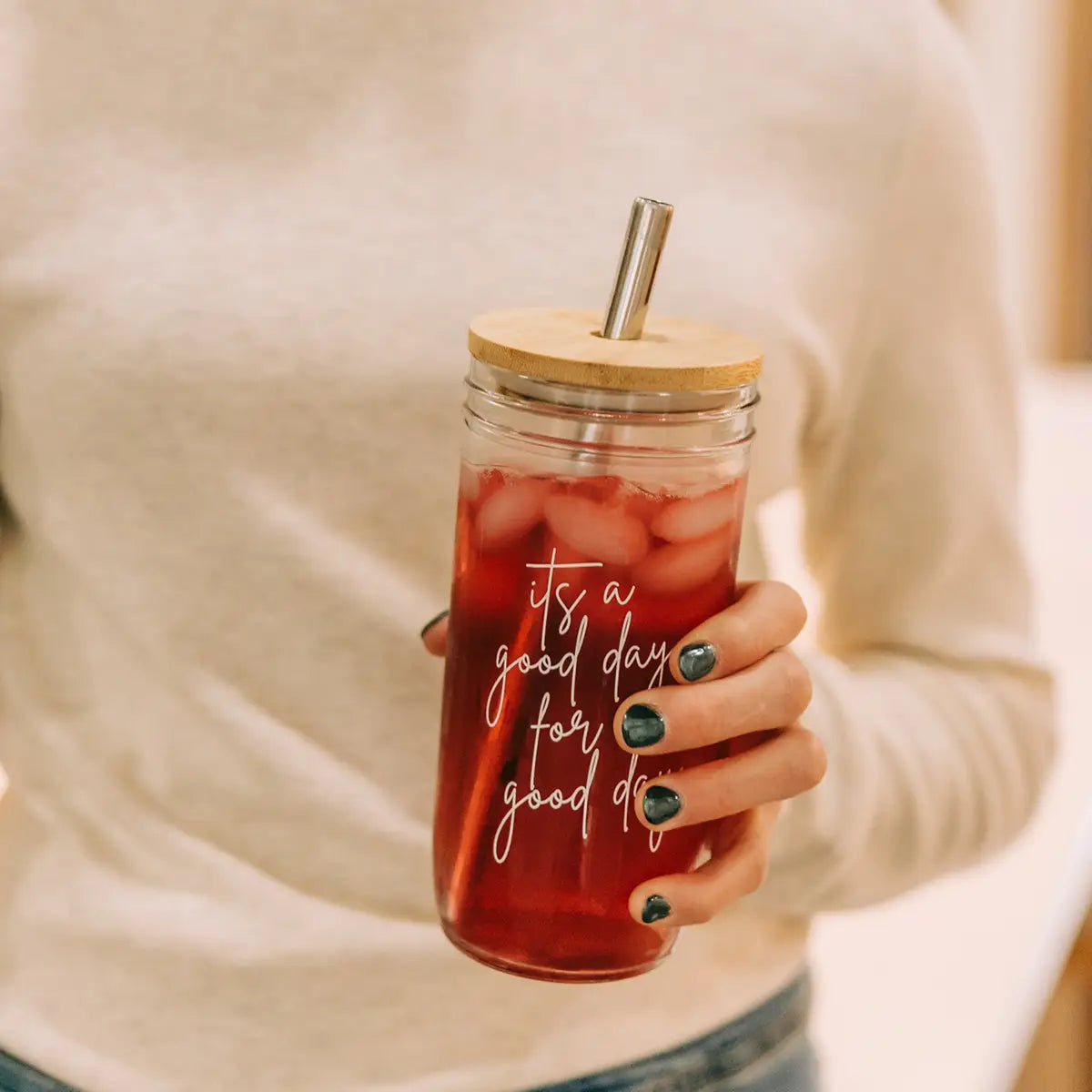 It's A Good Day Glass Tumbler + Bamboo Lid