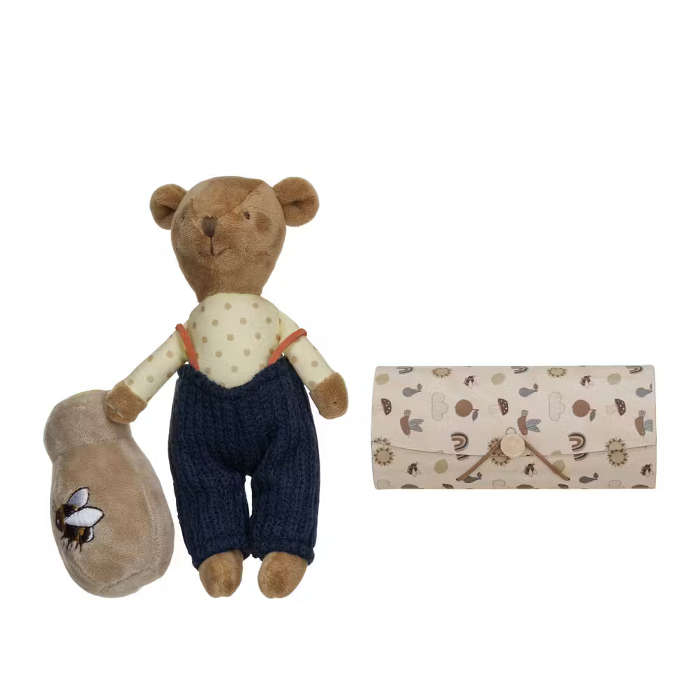 Plush Bear in Overalls with Honey Pot in Printed Wood Gift Box