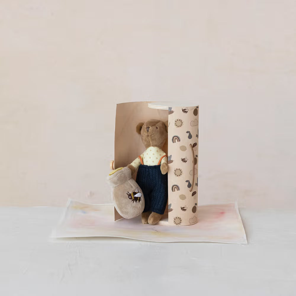 Plush Bear in Overalls with Honey Pot in Printed Wood Gift Box