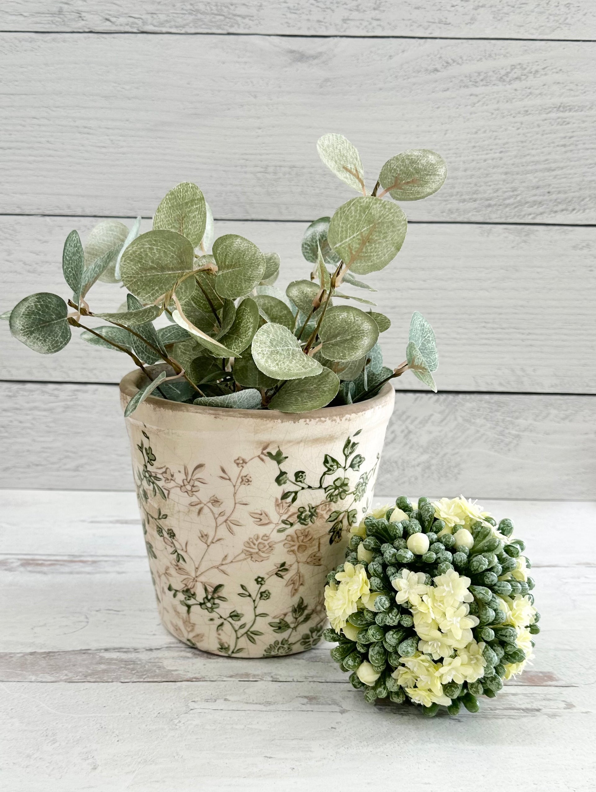 5.5 Inch Cream & Green Floral Ceramic Pot