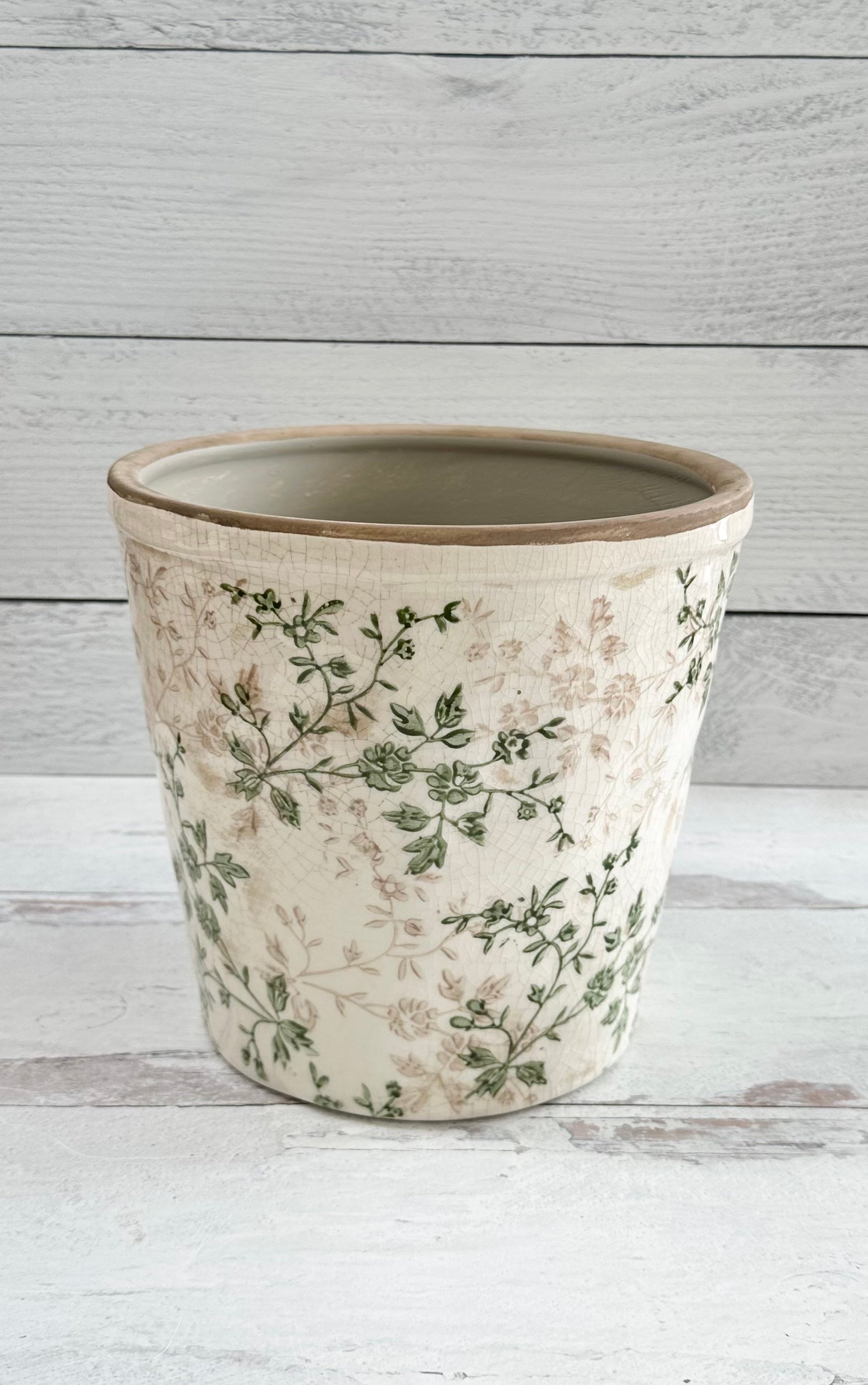 7.75 Inch Cream & Green Floral Ceramic Pot