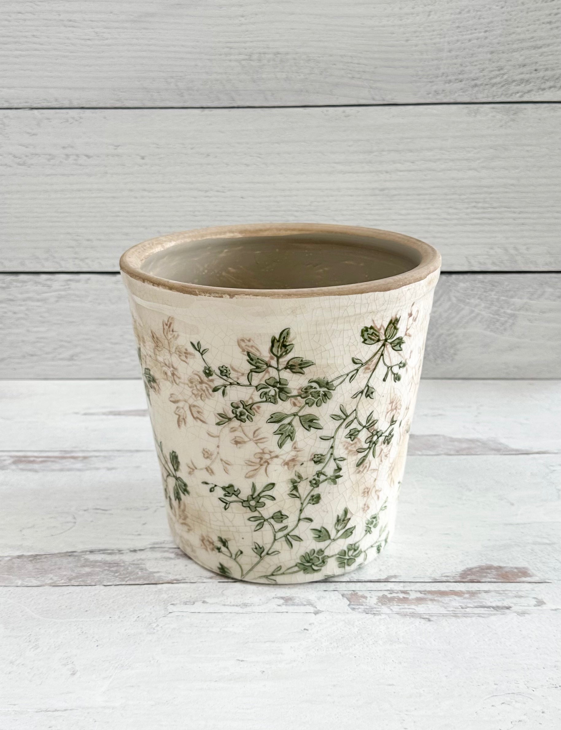 6.5 Inch Cream & Green Floral Ceramic Pot