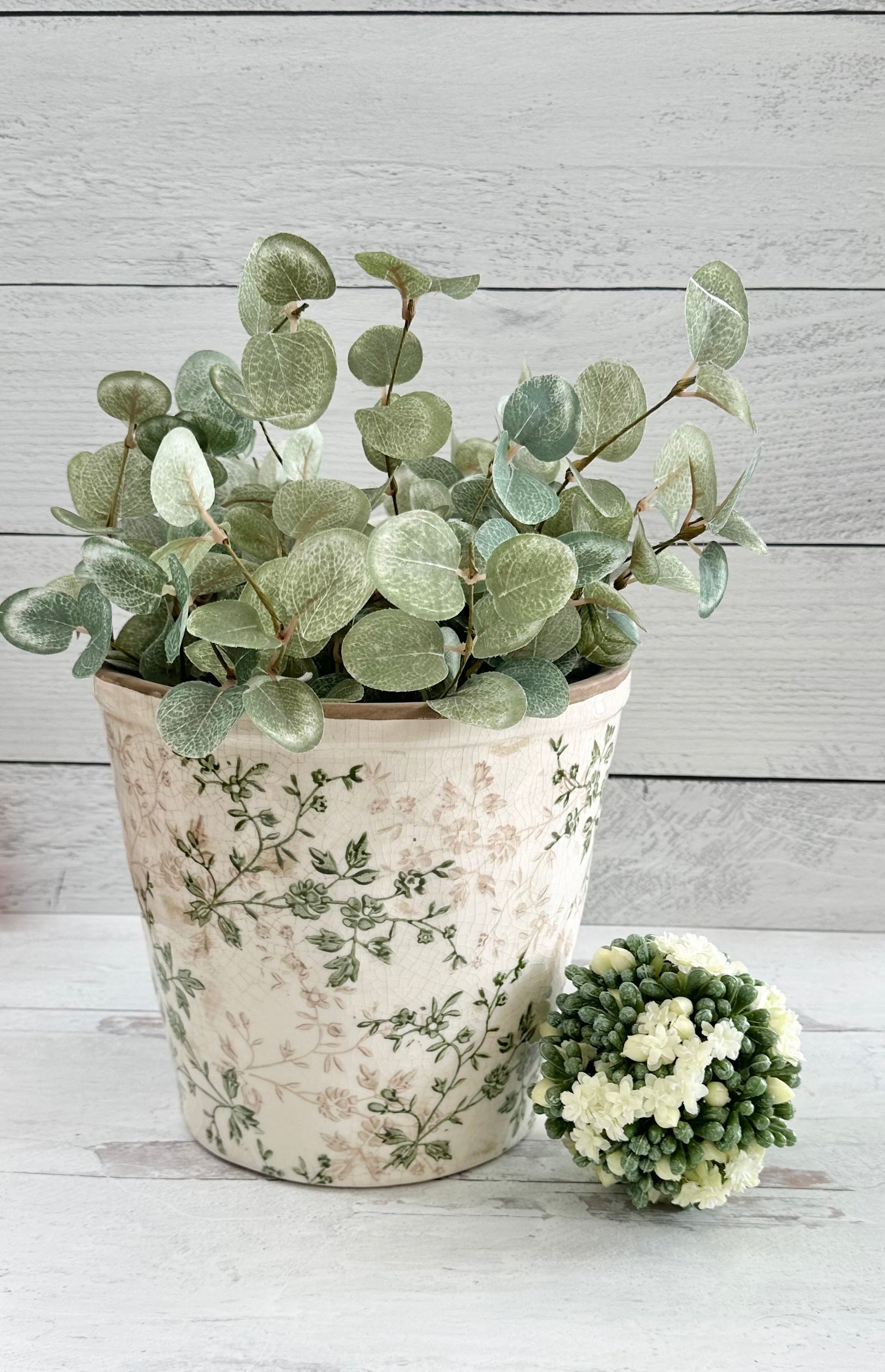 7.75 Inch Cream & Green Floral Ceramic Pot