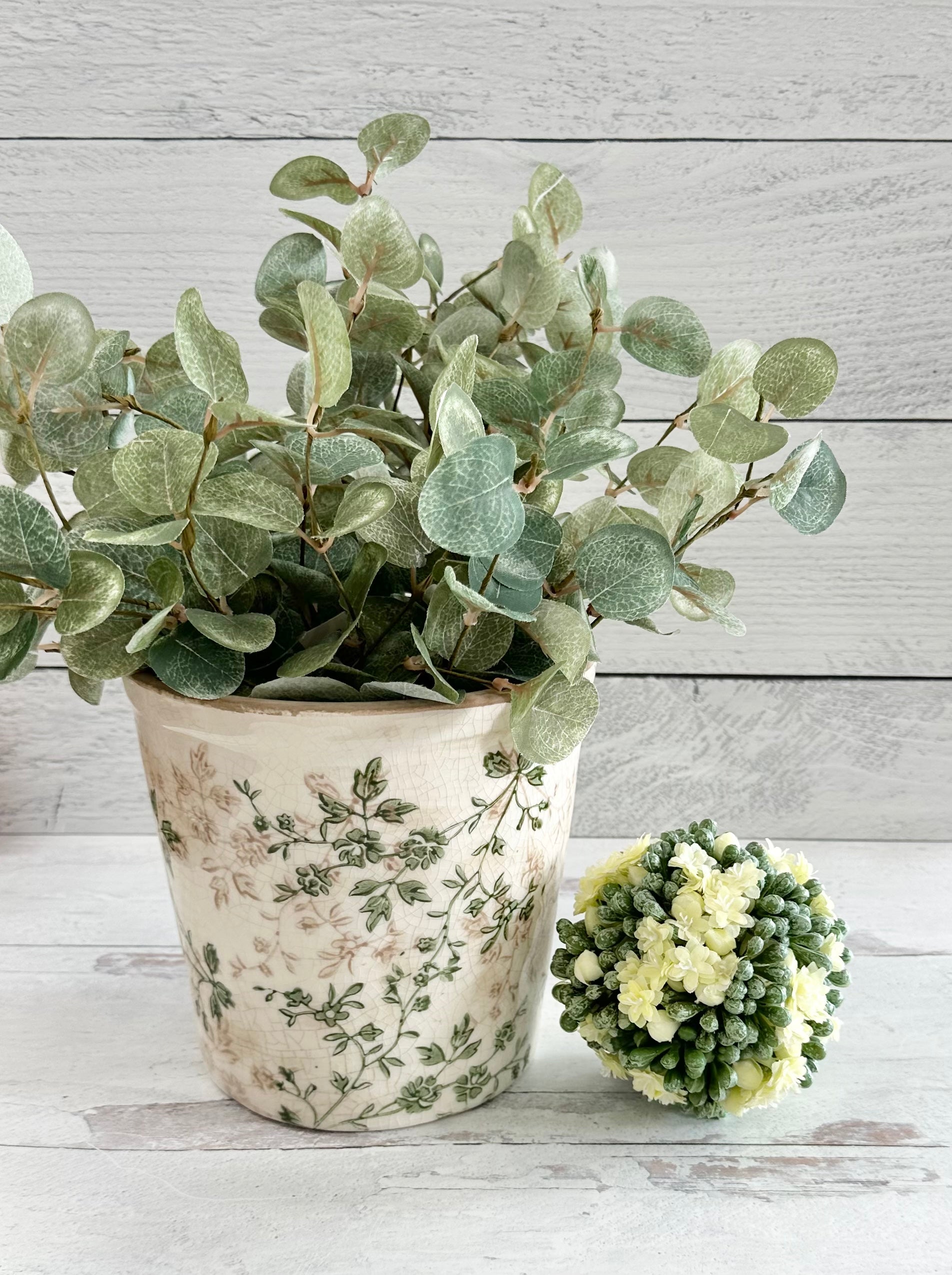 6.5 Inch Cream & Green Floral Ceramic Pot